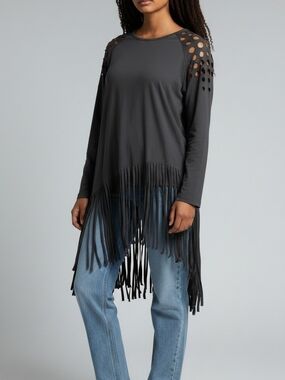 Long Sleeve Fringe Tunic Top - Black